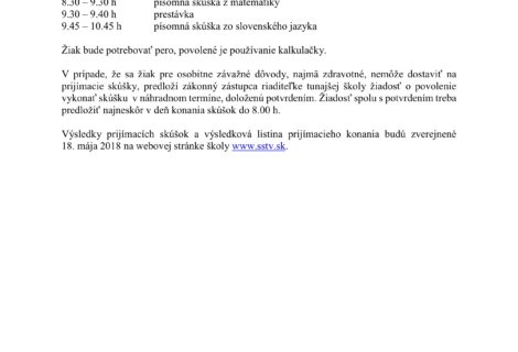 Harmonogram prijímacích skúšok